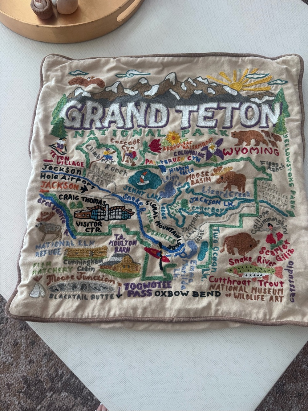 Catstudio Grand Teton Embroidered Map Accent Pillow - Cream